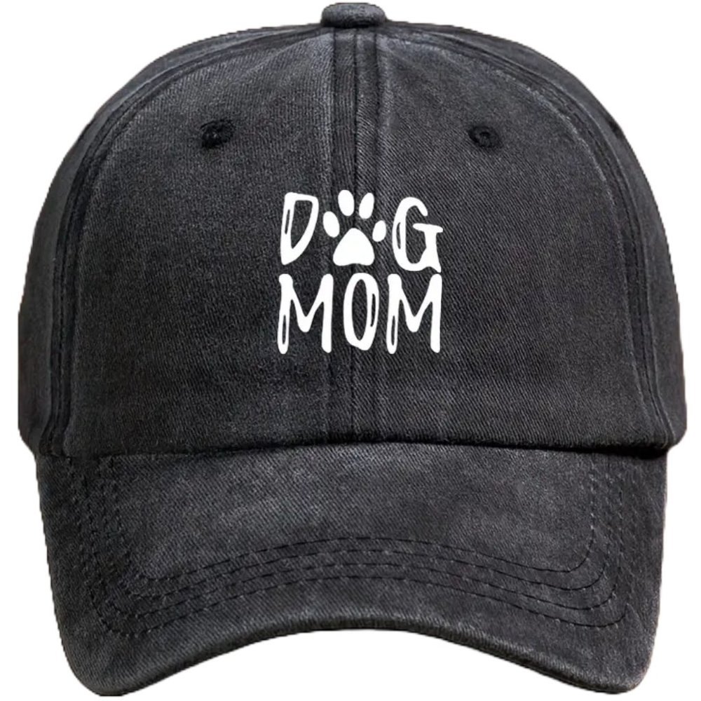 NEW WOMEN'S DISTRESSED FADED BLACK & WHITE "DOG MOM" ADJUSTABLE BASEBALL HAT/CAP